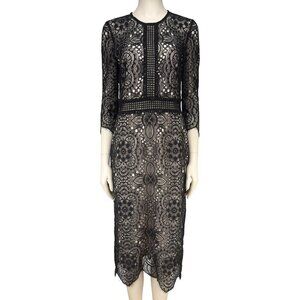 THE KOOPLES Chic Cocktail Lace Sheat 1/2 sleeves  Midi Black & Cream Dress sz S